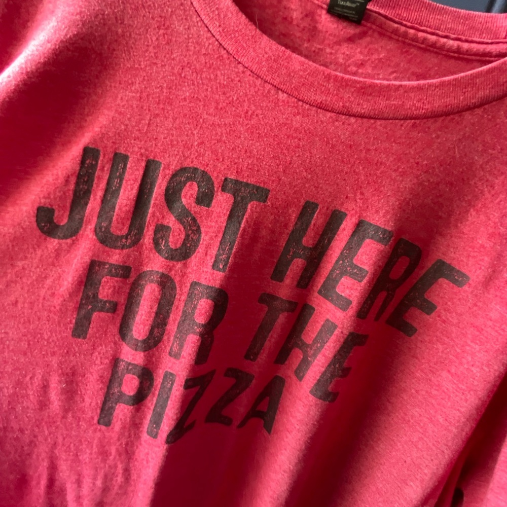 Just here for the pizza, red shirt sleeve tee. Size XL. Summer, back to school
